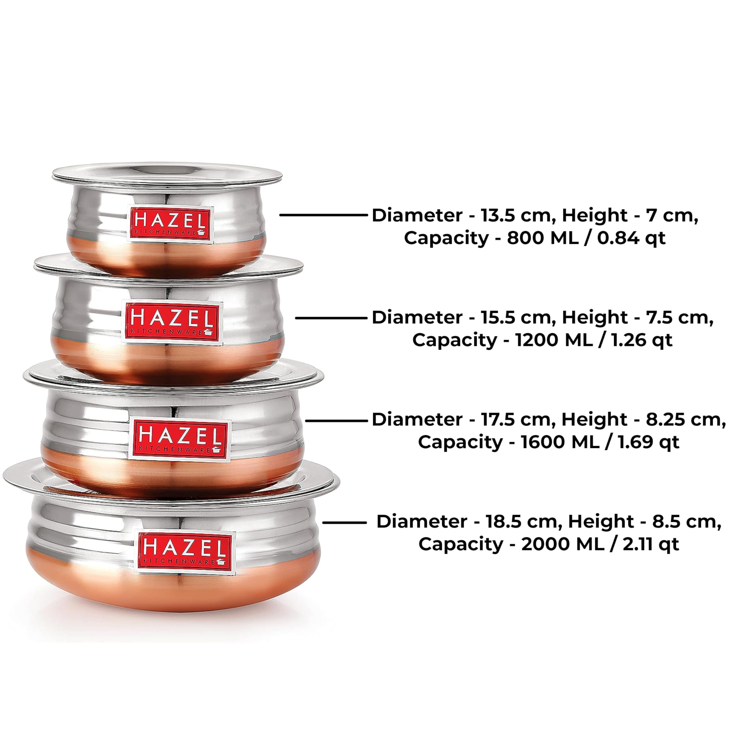 HAZEL Stainless Steel Copper Bottom Pot Handi with Lid | Urli Vessel Cooking Stainless Steel | Serving Tope Handi | Serveware set of 5 (600 ml, 900 ml, 1200 ml, 1500 ml, 1800 ml) | 3 Months Warrenty