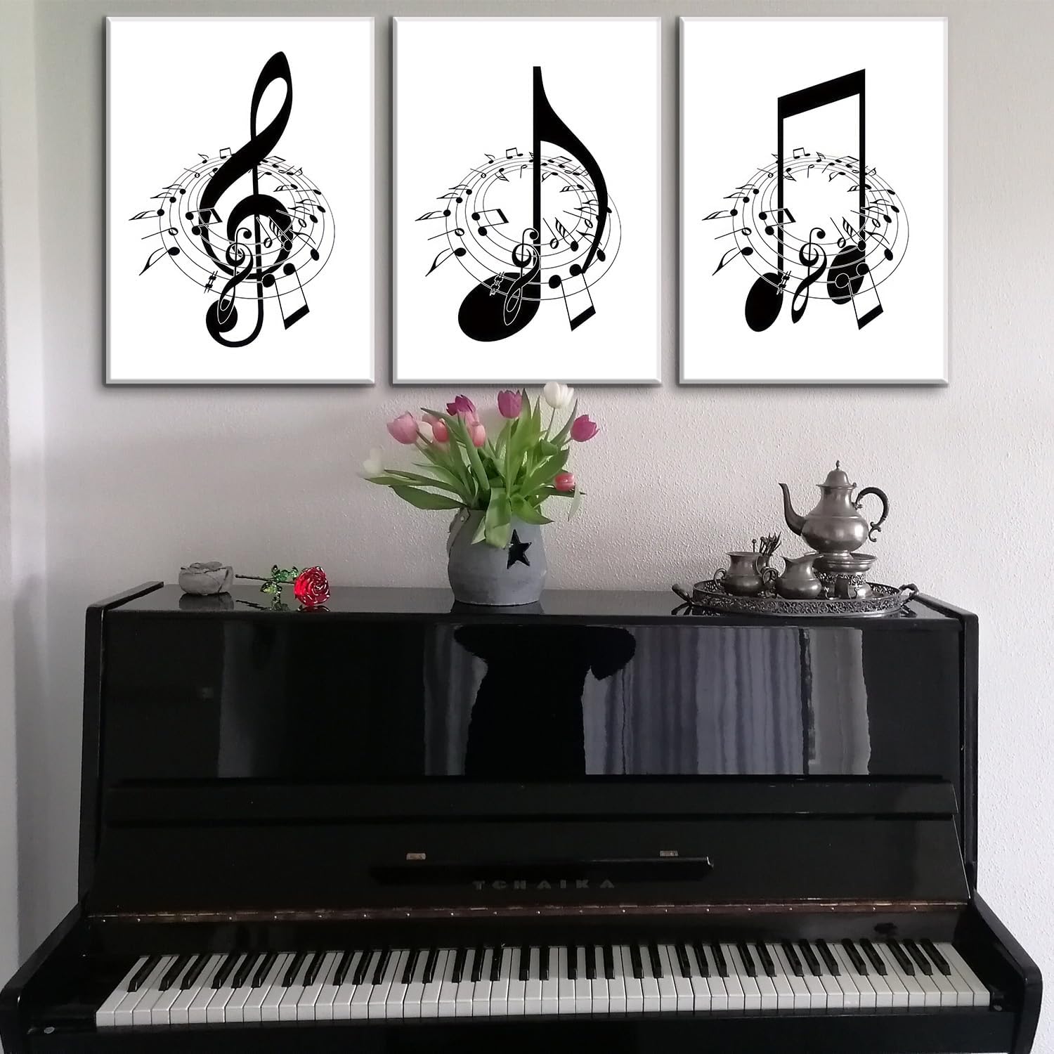 Skiennix Framed Music Notes Wall Art - Stylish Black & White Canvas Prints | 12x16in (Set of 3)
