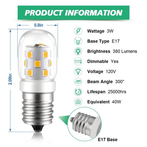 KEIVO LED Microwave Light Bulbs Under Hood, 3W 380LM, E17 LED Bulb Dimmable, Neutral White 4000K, 40W Equivalent LED Appliance Bulb for Over Stove, 2-Pack