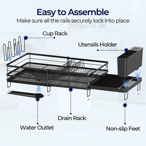 Pantasia Large Dish Drying Rack, Expandable Dish Rack for Kitchen Counter, Upgraded Dish Drainer with Drainboard Set, Multifunctional Dishrack with Utensil Holder & Cup Holder, 13.4"-28.7" L x 11.8" W