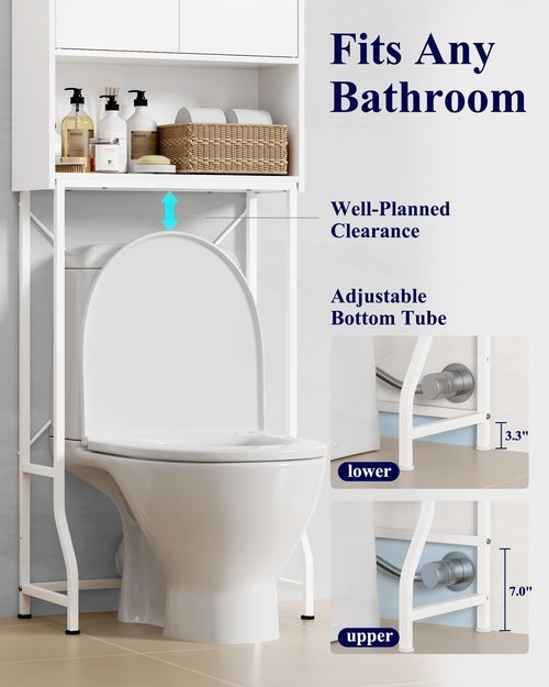 Kitsure Over The Toilet Storage Cabinet - 3 Tier Bathroom Organizers and Storage Solution with Adjustable Shelf & Bottom Bar, Anti-Tip Bathroom Storage Cabinet, White, 3 Tiers (68.1" H)