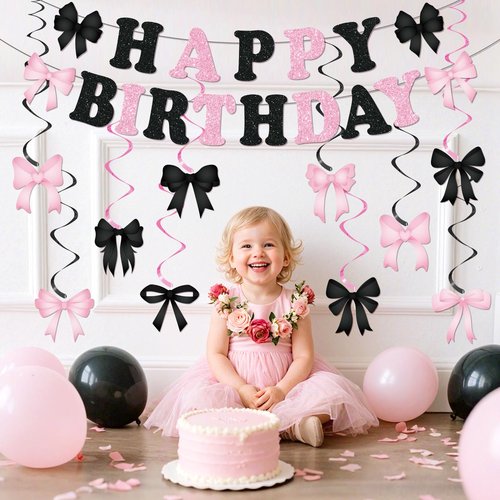 Pink and Black Bow Birthday Banner Decorations Glitter Black Pink Happy Birthday Banner Galand and 10Pcs Bow Hanging Swirls Coquette Party Decorations for Girls Women Bday Baby Shower Party Supplies