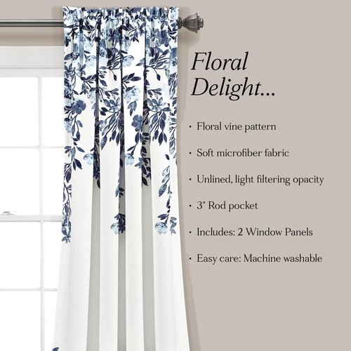 Lush Decor Tanisha Curtains - Light Filtering Window Panel Set, Pair - Floral Vine Print, Beautiful, Modern, Elegant Home Decor - 52" W x 63" L, Navy & White