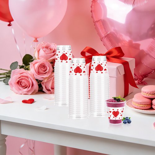 Taikula 60 Pcs 1.5oz Disposable Heart Shot Glasses for Valentine's Day - Romantic Red Pink Plastic Shot Cups Bulk, Couples Celebration & Love Party Decorations (60, Red, Pink Heart)