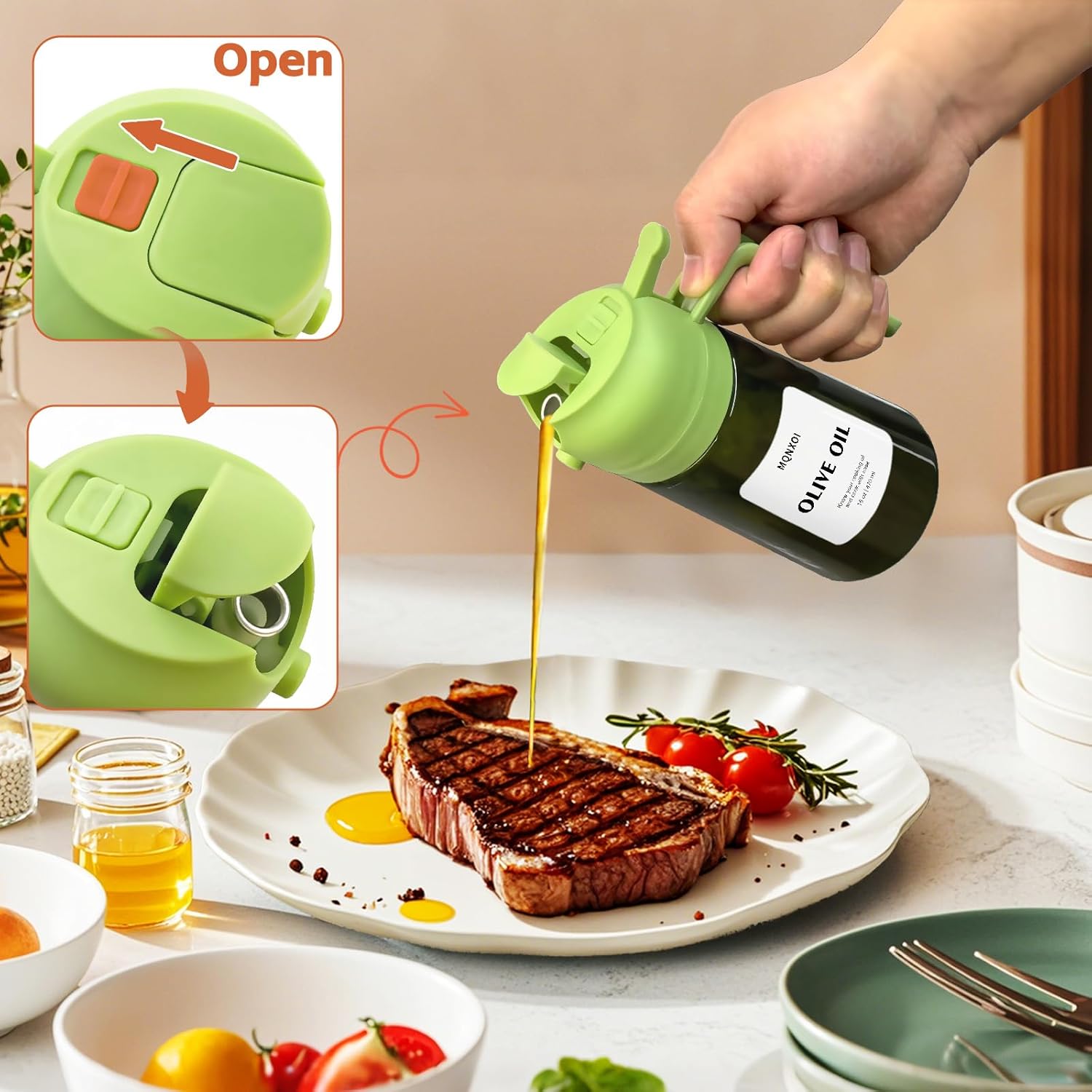 Skiennix 2-in-1 Glass Oil Sprayer & Dispenser - 16oz Olive Oil Bottle for Cooking & Salad | White & Dark Green