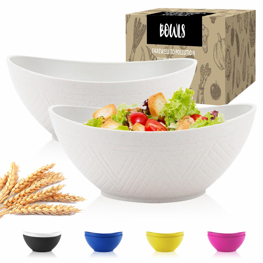 Wrova Wheat Straw Bowls Set of 2 with Textured Pattern,Unbreakable Large Salad Bowls,Plastic Bowls Dishwasher & Microwave,Sturdy and Stackable Kitchen Bowl Sets for Serving,Oatmeal.White