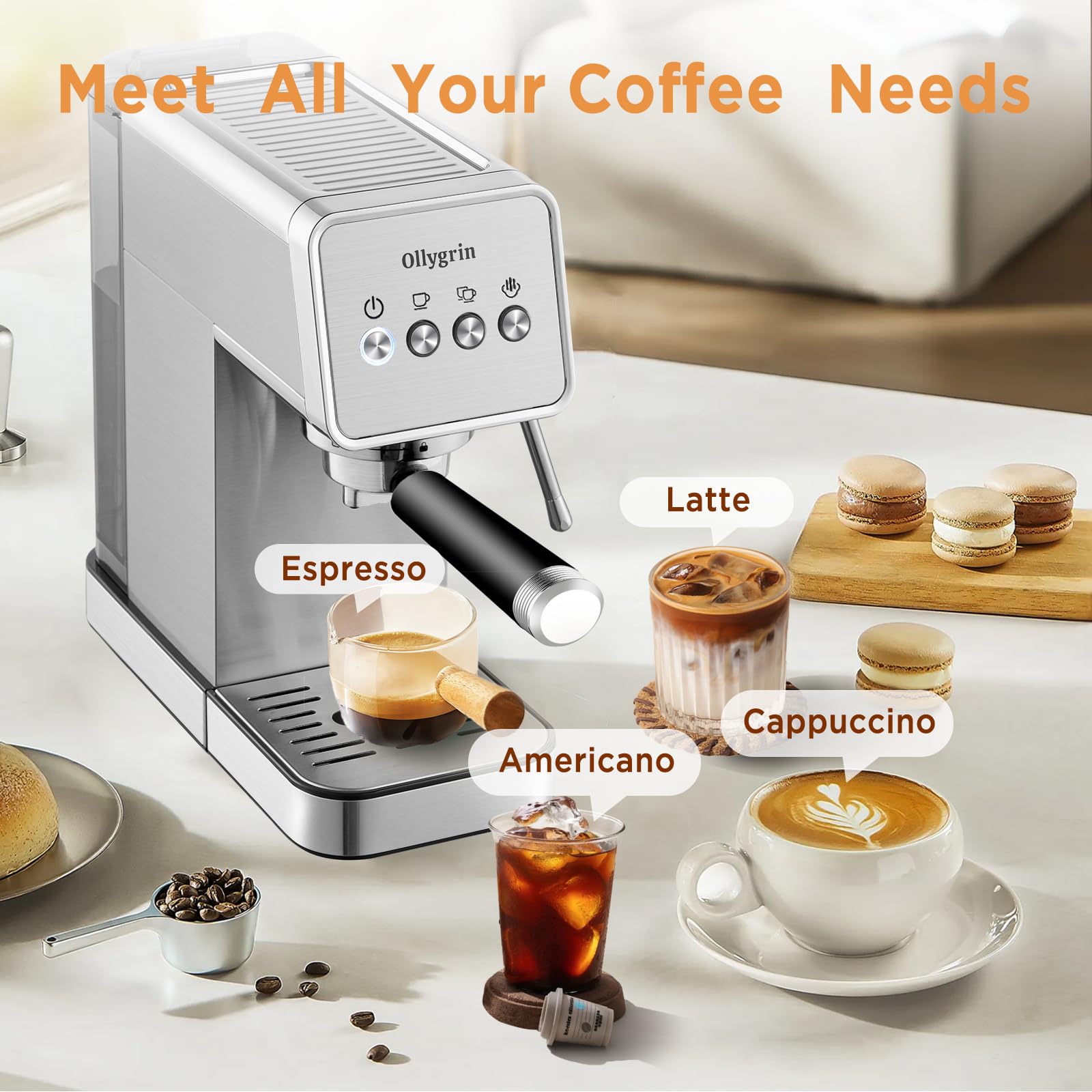 Ollygrin Espresso Machine,15 Bar Semi-Automatic Espresso Maker with Milk Frother,Compact Stainless Steel Coffee Machine with 40oz Removable Water Tank for Cappuccino,Latte, Americano,Sliver for Home