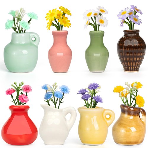 Samlior 8PCS Mini Ceramic Vase Fridge Magnets, Cute Tiny Flower Vase Fridge Magnets with Artificial Flowers for Refrigerator Office and Kitchen Cabinet Decoration