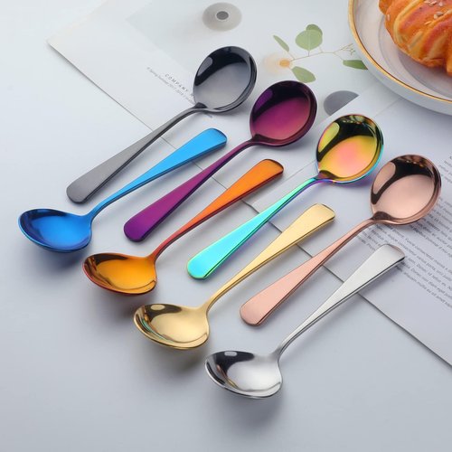 Broth Round Spoon Set, 8-Piece Reusable Stainless Steel Dinner Table Cereal Soup Spoon, Camping Ramen Spoons