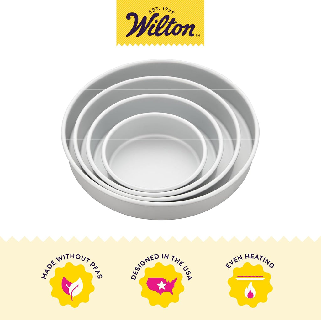 Wilton Round Tiered Cake Pan Set - Durable Anodized Aluminum for Even Heat Distribution - 6, 8, 10 & 12 Inch (Pack of 4)