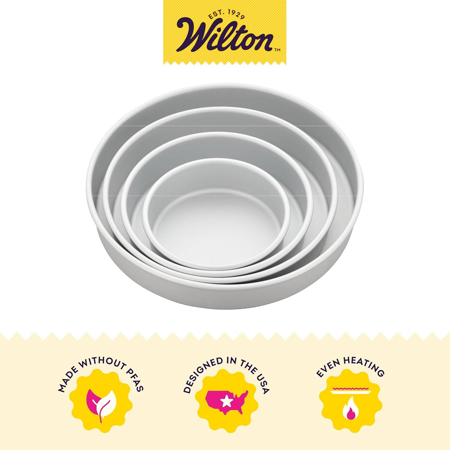 Wilton Round Tiered Cake Pan Set - Durable Anodized Aluminum for Even Heat Distribution - 6, 8, 10 & 12 Inch (Pack of 4)