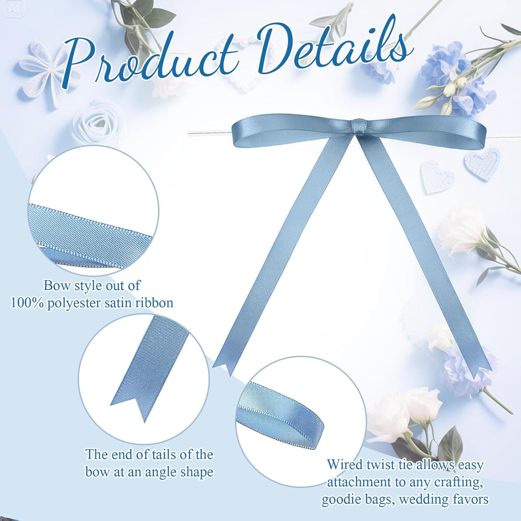 Riceshoot Satin Ribbon Bows - 50 Pcs Dusty Blue 5x7 Inch Twist Ties for Gift Wrapping & Decor
