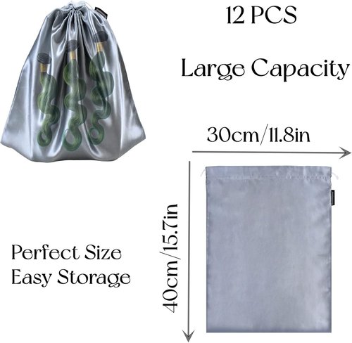 GONGKANGYUAN Satin Wig Bags - 12 Pcs Drawstring Pouches for Hair Extensions & Wigs | Soft Silk Storage (Grey)