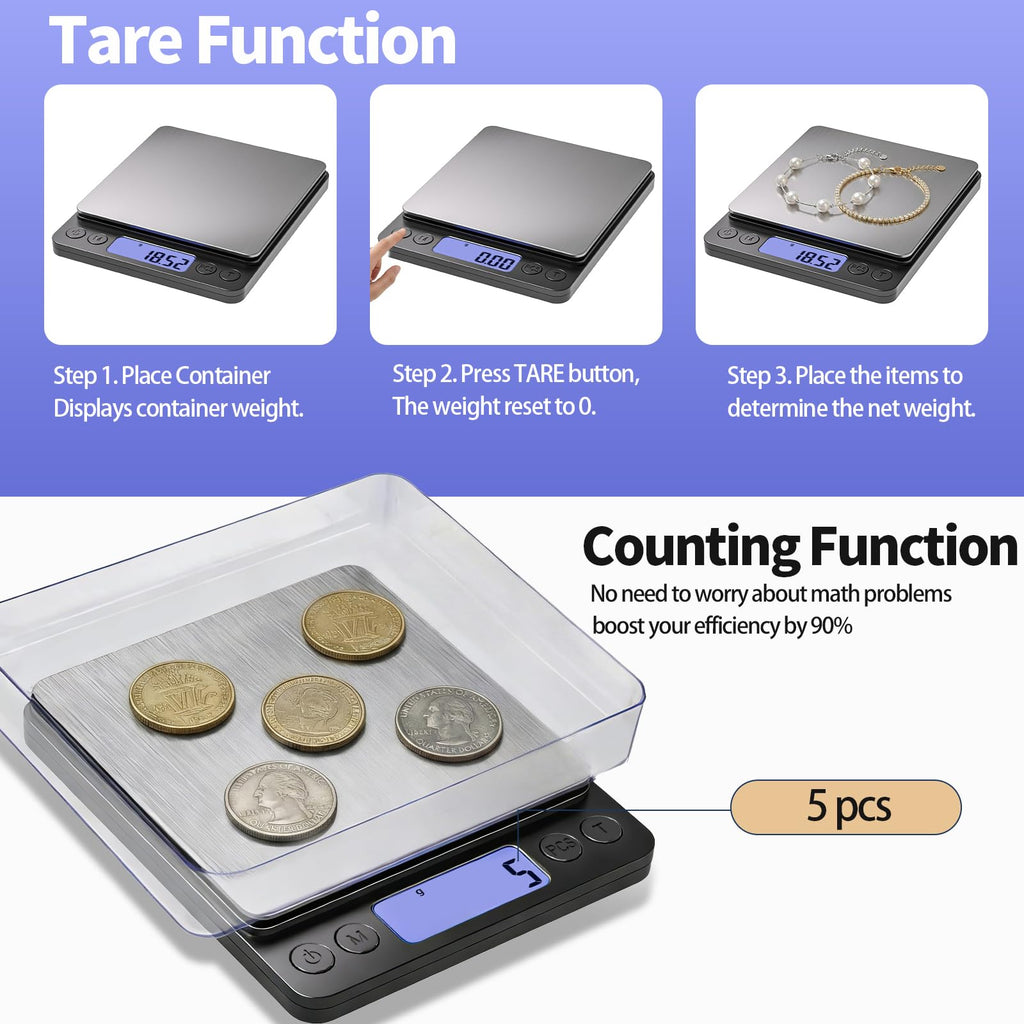 SKEAP Coin Scale to Weigh Coins, 1kg/0.01g High Accuracy Gram Scale for Coin Collectors, Gold and Jewelry, with USB Charging, LCD Display, PCS Counting, Includes Charging Cable and AAA Batteries