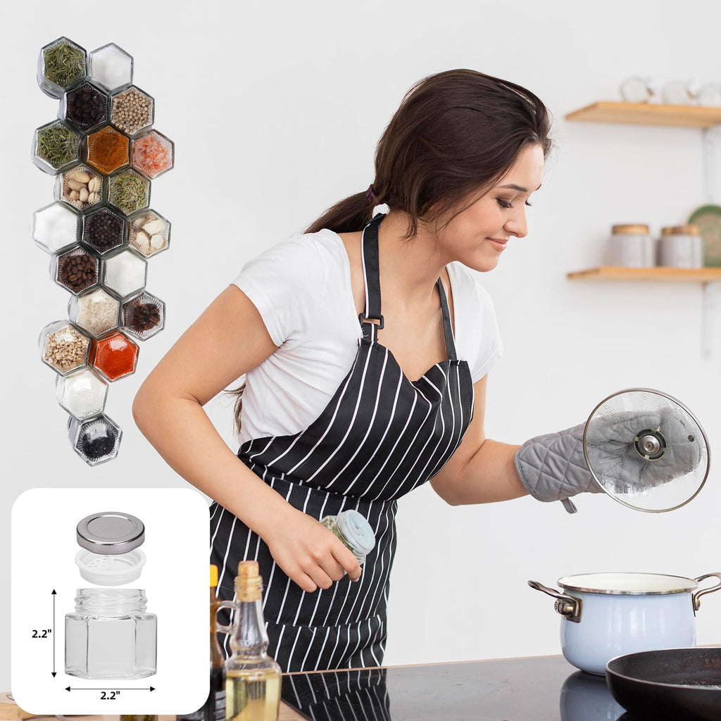 OPTWISELY Set of 20 Magnetic Spice Jars for Refrigerator, Glass Small Hexagon Magnet Seasoning Containers with Labels, shaker Lids, Fridge Magnetic Spice Rack Organizer with Jars