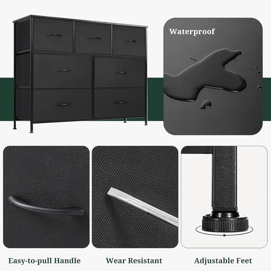 Skiennix 7-Drawer Dresser - Anti-Tip Fabric Storage Organizer with Wooden Top | Black for Bedroom & Living Room