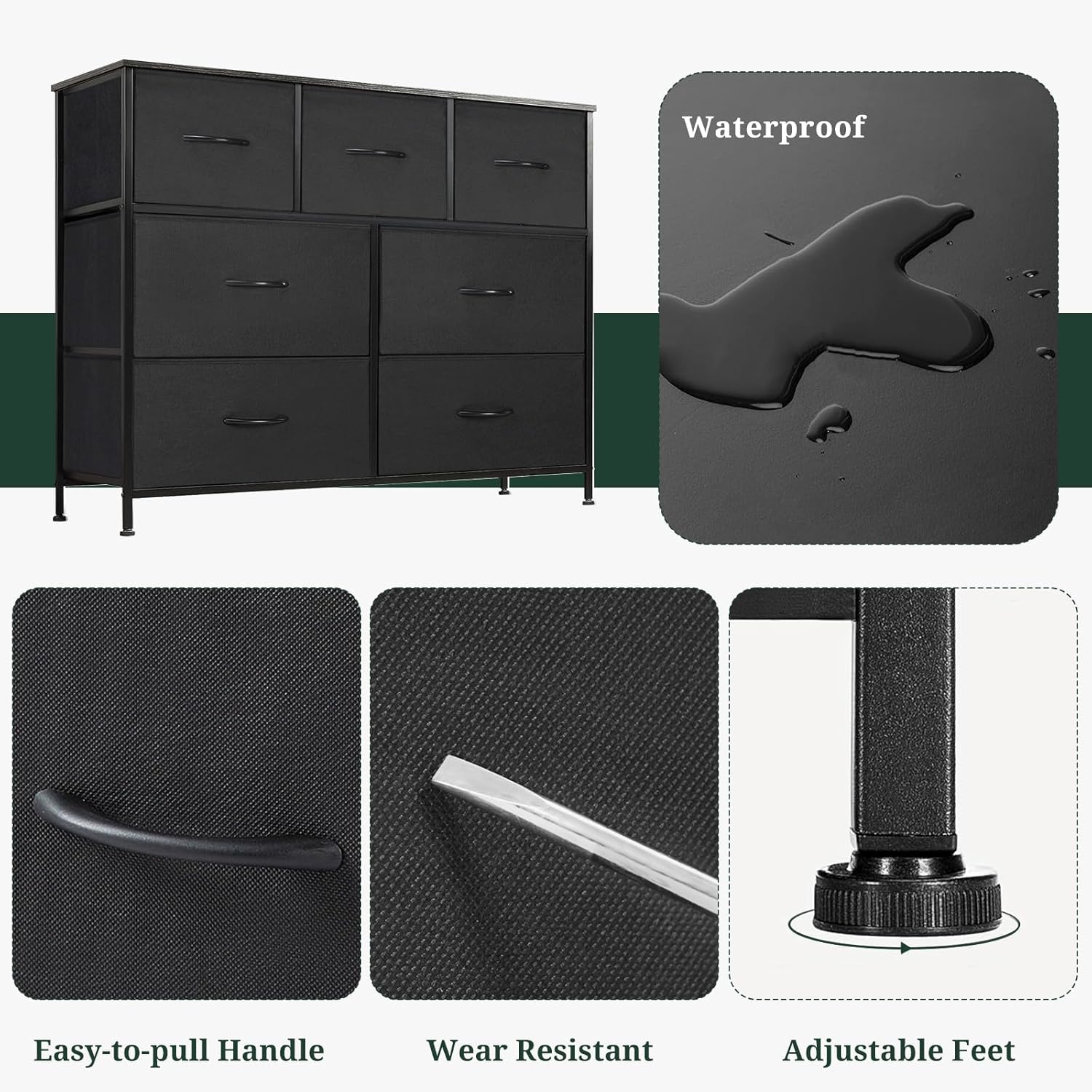Skiennix 7-Drawer Dresser - Anti-Tip Fabric Storage Organizer with Wooden Top | Black for Bedroom & Living Room