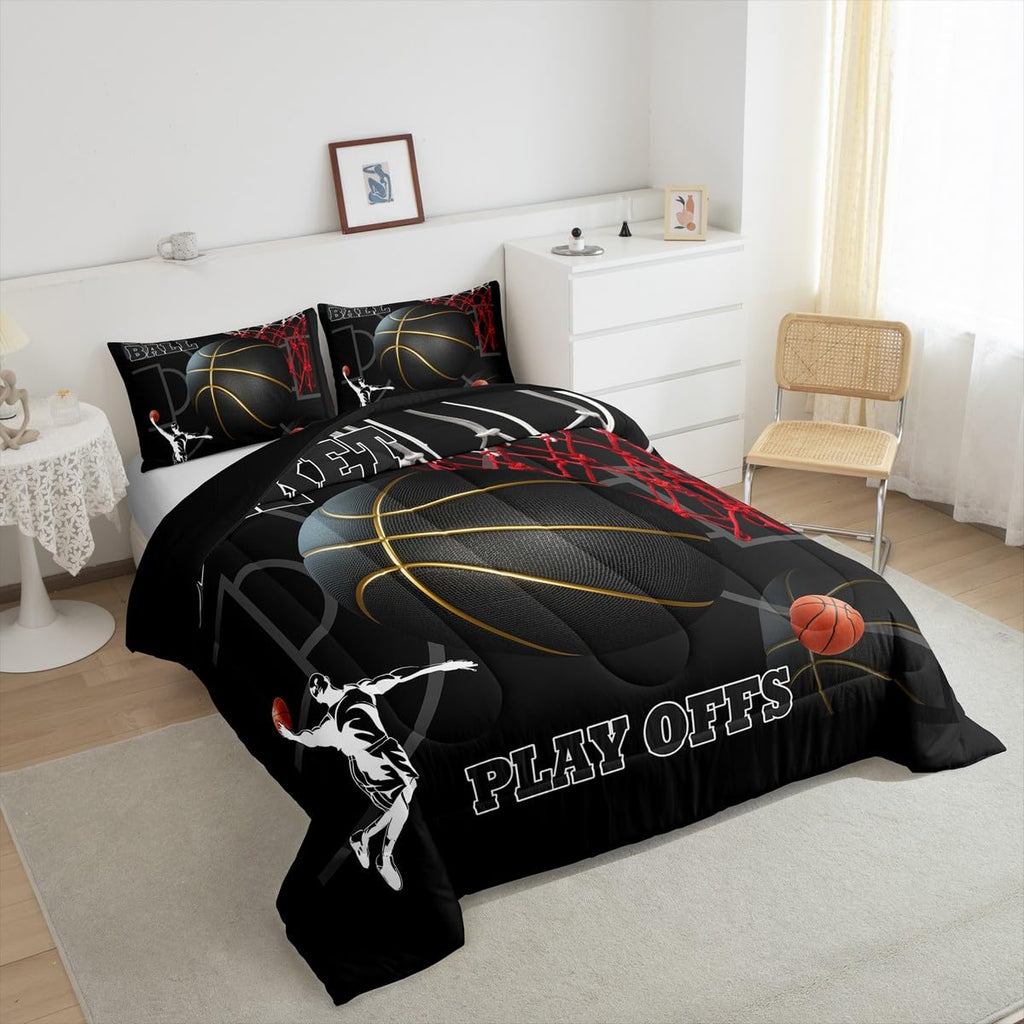 Basketball Room Bedding for Boys Sport Dunk Basketball Comforter Set Queen Size for Kids Teens, 3D Black Ball Printed Bedding Comforter Sets Sport Game Ball Theme Duvet Insert Basketball Player Quilt