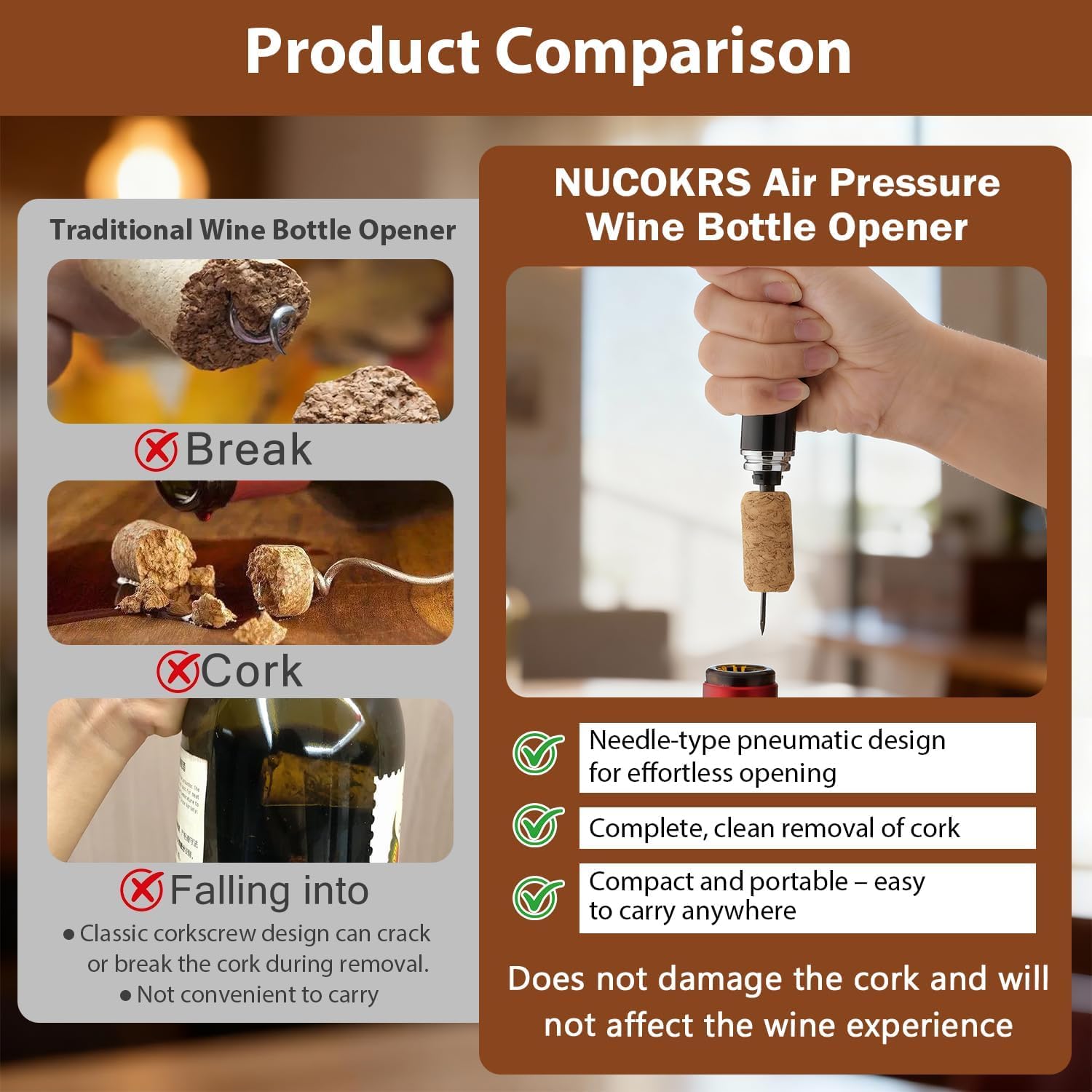 Wine Bottle Opener with Foil Cutter - NUCOKRS Air Pump Aeropop Corkscrew, Pen Style Opens in 3-7 Pumps, Effortless & No Damage to Cork, Compact Gift for Wine Lovers (Black)