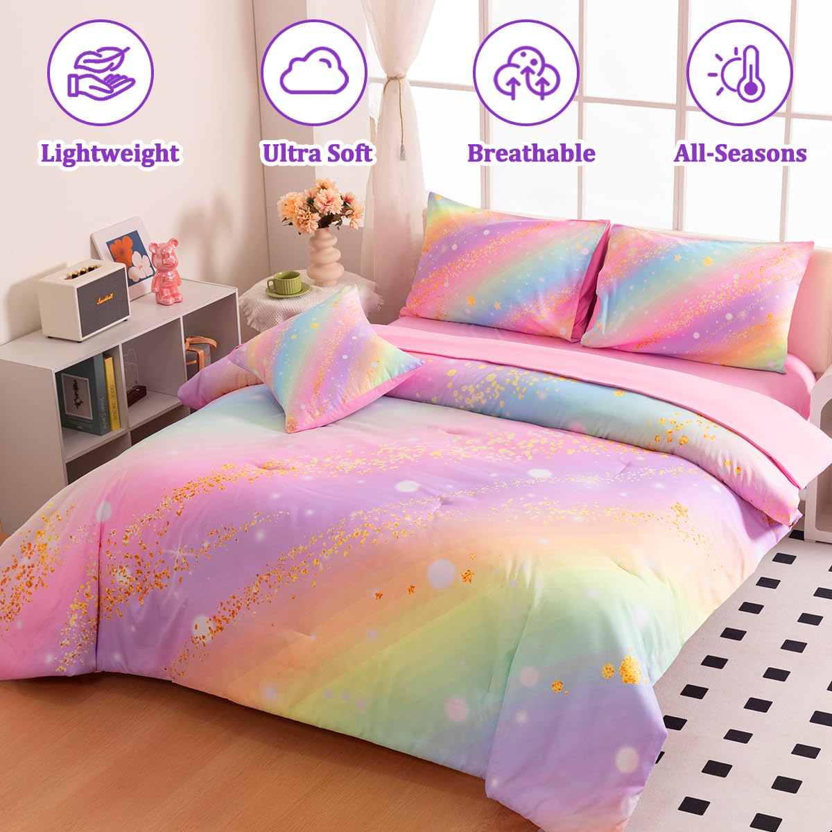 ASKOTU Full Size Bedding Sets for Girls, 6 Pcs Bed in A Bag Full Glitter Galaxy Bedding Set, Girls Pink Rainbow Comforter Set with Sheets