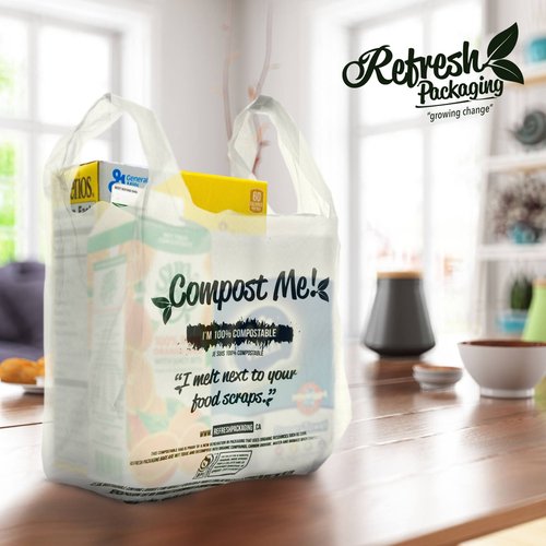 Refresh Packaging - 100% Certified Compostable Shopping Bags - Multipurpose Use - T-Shirt Style Bags - 500 Bags Per Case - Eco Friendly - Reduces Waste - Sustainable - No Pollution - Zero Waste