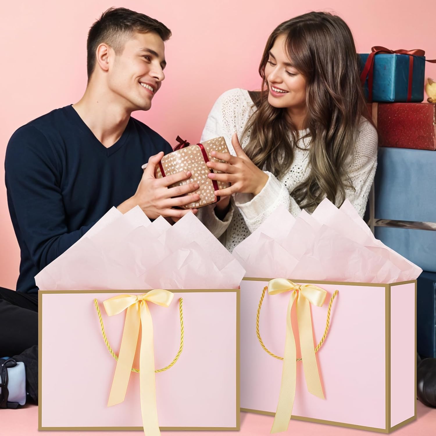 woric Pink Gift Bags with Handles, 14" Medium Gift Bags with Tissue Paper, 2 Pcs Pink Bags with 4 Tissue Paper and 2 Cards for Baby Shower Wedding Bridal Shower Mother's Day Birthday Party