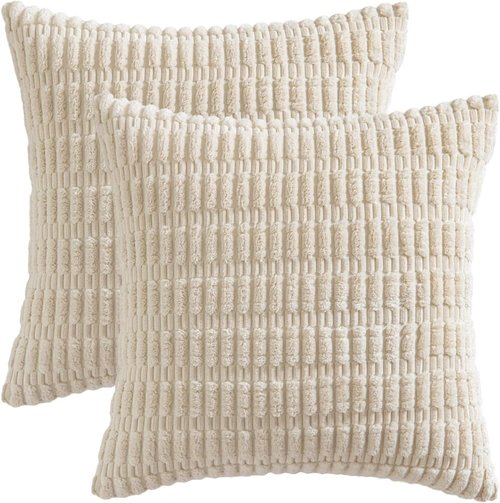 MIULEE Corduroy Decorative Throw Pillow Covers - Soft Boho Striped Design | 12x12 Inch Cream White for Sofa & Living Room