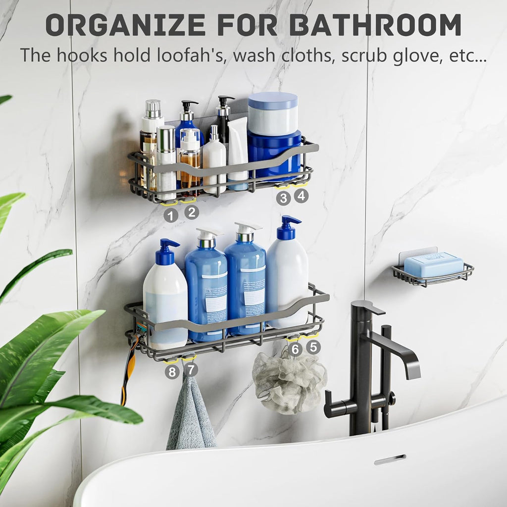 Omaira Shower Caddy - 3-Pack Adhesive Rustproof Organizer with Soap Holder for Smooth Walls | Grey, X-Large