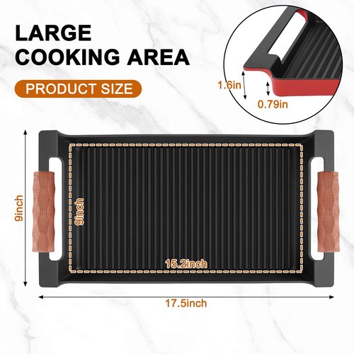 Cast Iron Grill/Griddle Pan with Non-Stick Coating & Grease Groove – Universal Outdoor/Indoor Cooking for Gas Grill, Charcoal BBQ, Camping, Tailgating（17.5X9” with Woody Handles）