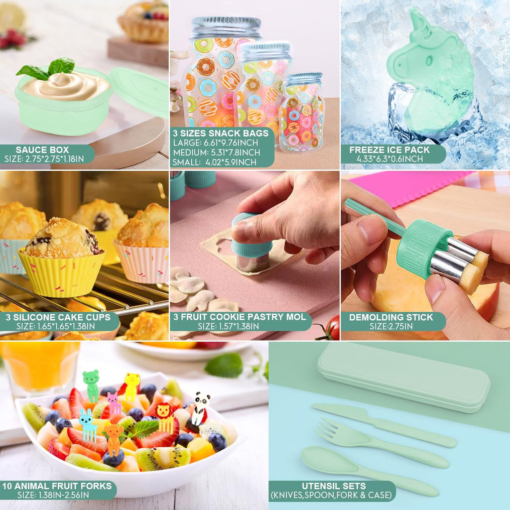 30Pcs Bento Box for Girls,Insulated Unique Lunch Bag Set 4 Compartments Lunch Box with Accessories Ice Pack Water Bottle Silicon Cap Spoon Fork Salad Container for Lunch Kids School Supplie,Green