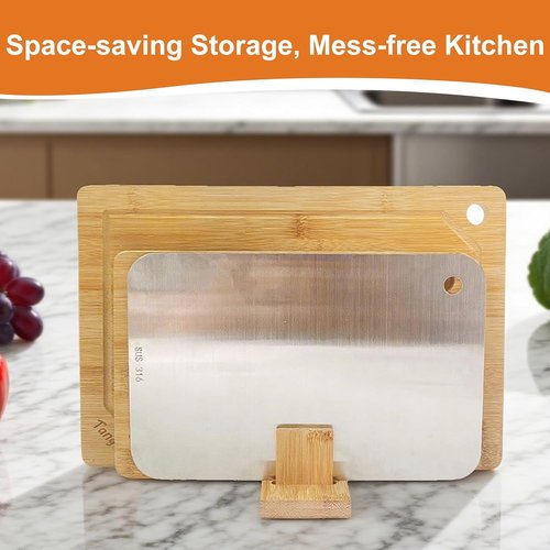 Bamboo Cutting Board Set - 3-Piece Kitchen Prep Station with Stand & Stainless Steel Defrosting Tray