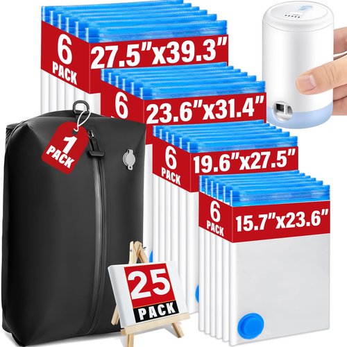 25 Pack Vacuum Storage Bags for Clothing Travel Vacuum Seal Bags With Wireless Pump IP67 Waterproof Reusable Vacuum Compression Bags for Clothing Luggage (1Travel Bag +6Small+6Middle+6Large+6Jumbo)