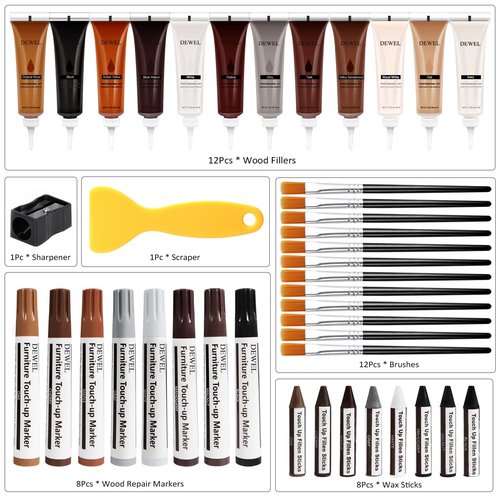 DEWEL Wood Furniture Repair Kit, Upgrade Wood Filler, Furniture Touch Up Markers with Wax Sticks, 42 Pcs Floor Touch Up kit for Scratches, Cracks, Hole, Laminate, Table, Bedposts