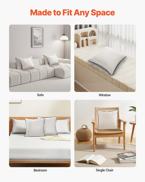 VEVOR 18 x 18 in Throw Pillow Inserts, Set of 2, Firm and Fluffy Decorative Down Alternative Pillows with Polyester Fiber, Square White Cushion with Zipper, for Indoor Bed Couch Sofa and Living Room