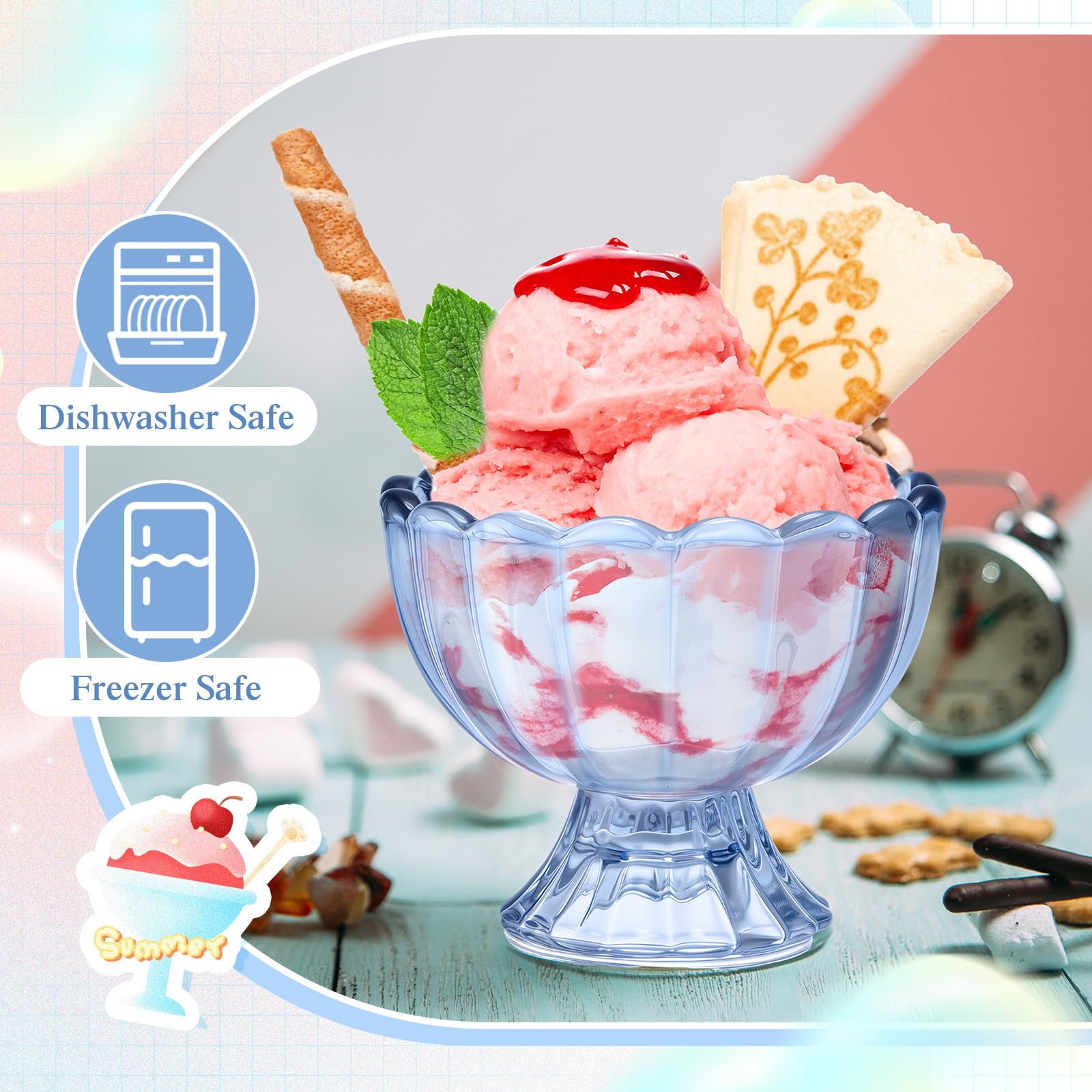 Potchen 12 Packs Small Blue Glass Ice Cream Bowls 5 oz Sundae Glasses Dessert Cups Clear Blue Tulip Ice Cream Glasses for Trifle Salad Sundae Cake Pudding Dinner Wedding Holiday Party