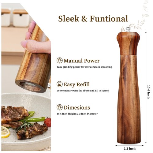 1 Pack - 10 Inch tall Acacia Wood Pepper Grinder or Salt Mill Elegant Pepper Mill Wooden with a Adjustable Ceramic Rotor and Easily Refillable - Wood Salt Grinder for Your Kitchen