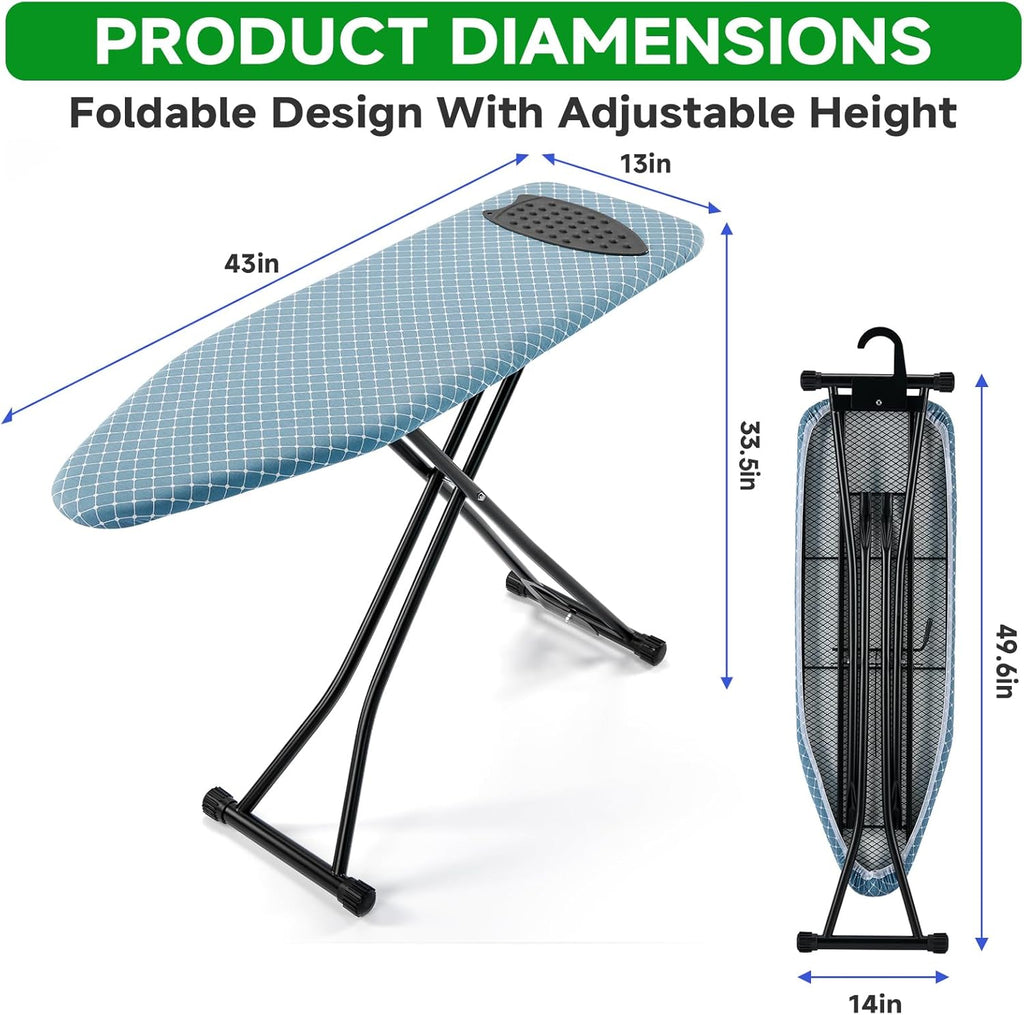 BKTD Compact Ironing Board - Adjustable Height, Heat Resistant Surface | Space-Saving Design, 13 x 43 Inches, Diagonal Checkered Blue