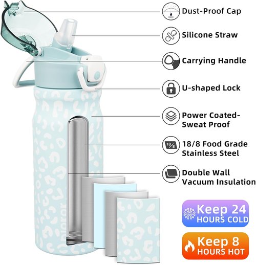 BJPKPK Insulated Water Bottle - 18oz Stainless Steel Flask with Straw & Carry Handle | Light Blue Leopard