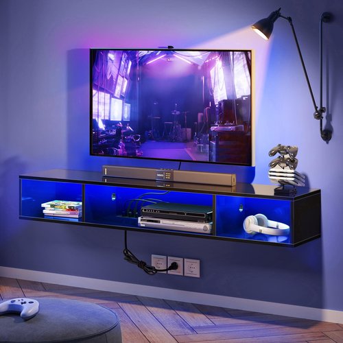Rolanstar TV Stand with Power Outlet, Floating TV Stand with RGB Lights, 55.1" Wall Mounted TV Shelf, Glossy Black Media Console with Storage Shelf, Entertainment Under TV for Living Room, Bedroom