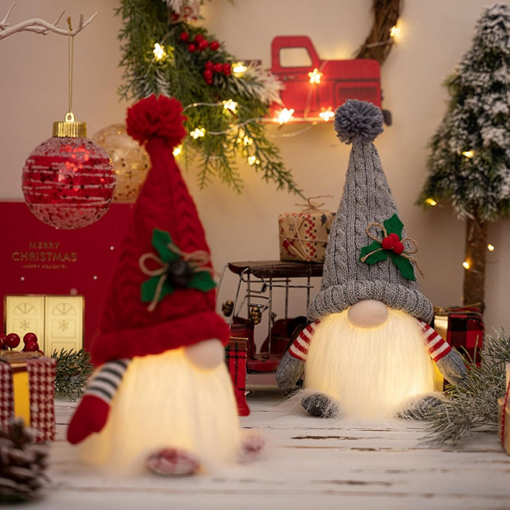 Skiennix Lighted Christmas Gnome Ornaments - LED Battery Operated Decorations | 2-Pack Set (Red & Grey)