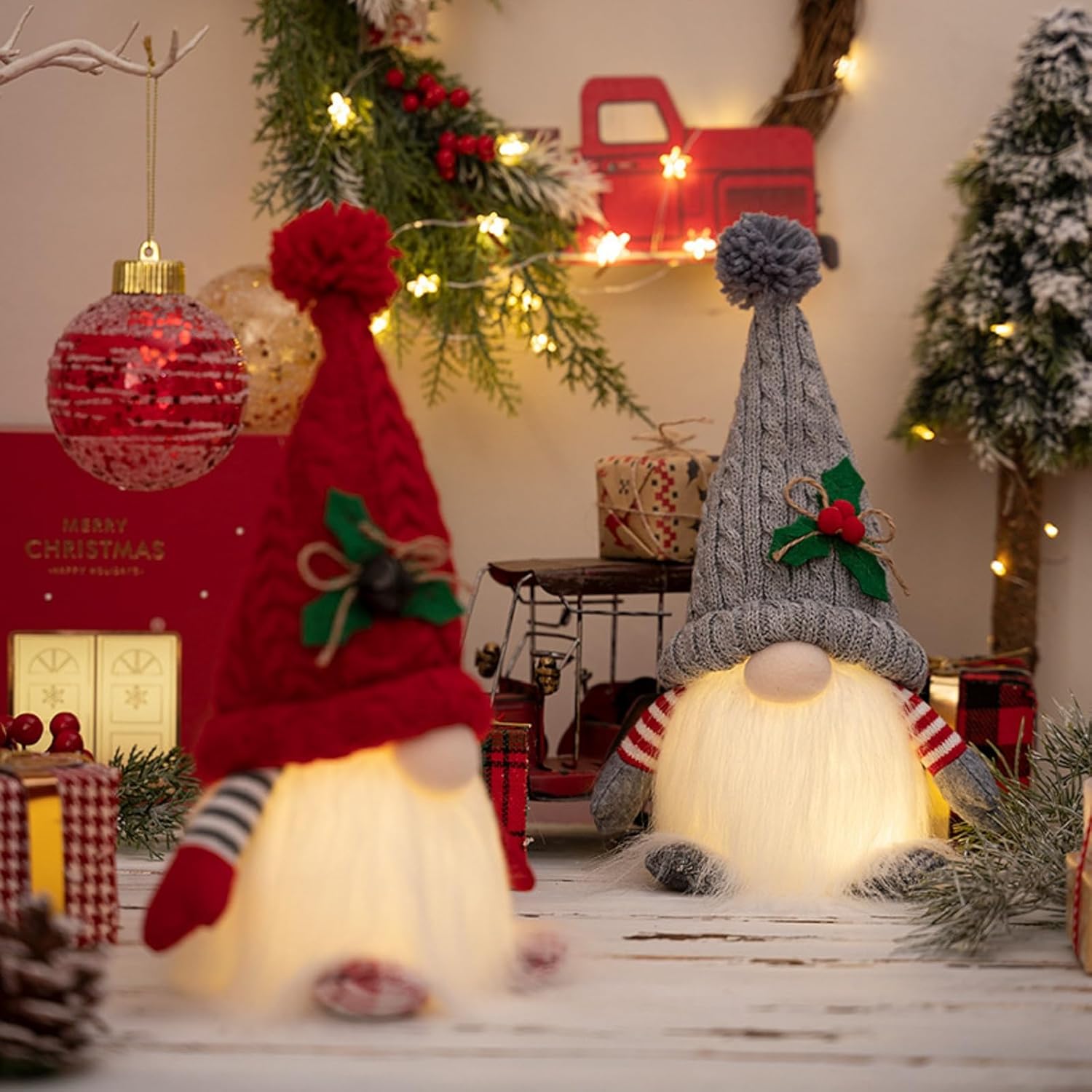 Skiennix Lighted Christmas Gnome Ornaments - LED Battery Operated Decorations | 2-Pack Set (Red & Grey)