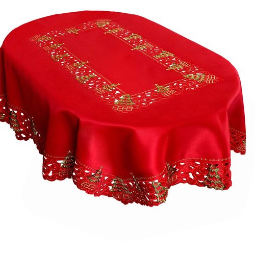 Grelucgo Super Large Embroidered Christmas Holiday Holly Tree Dining Tablecloth (57 × 120 Inches Oval Tablecloth)