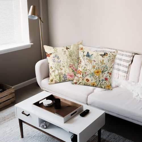 TAJWE Spring Floral Pillow Covers 18x18 Inch Set of 2 Wild Flowers Plant Butterfly Decorative Pillowcases Farmhouse Summer Seasonal Cushion Cases for Sofa Couch Home Decor