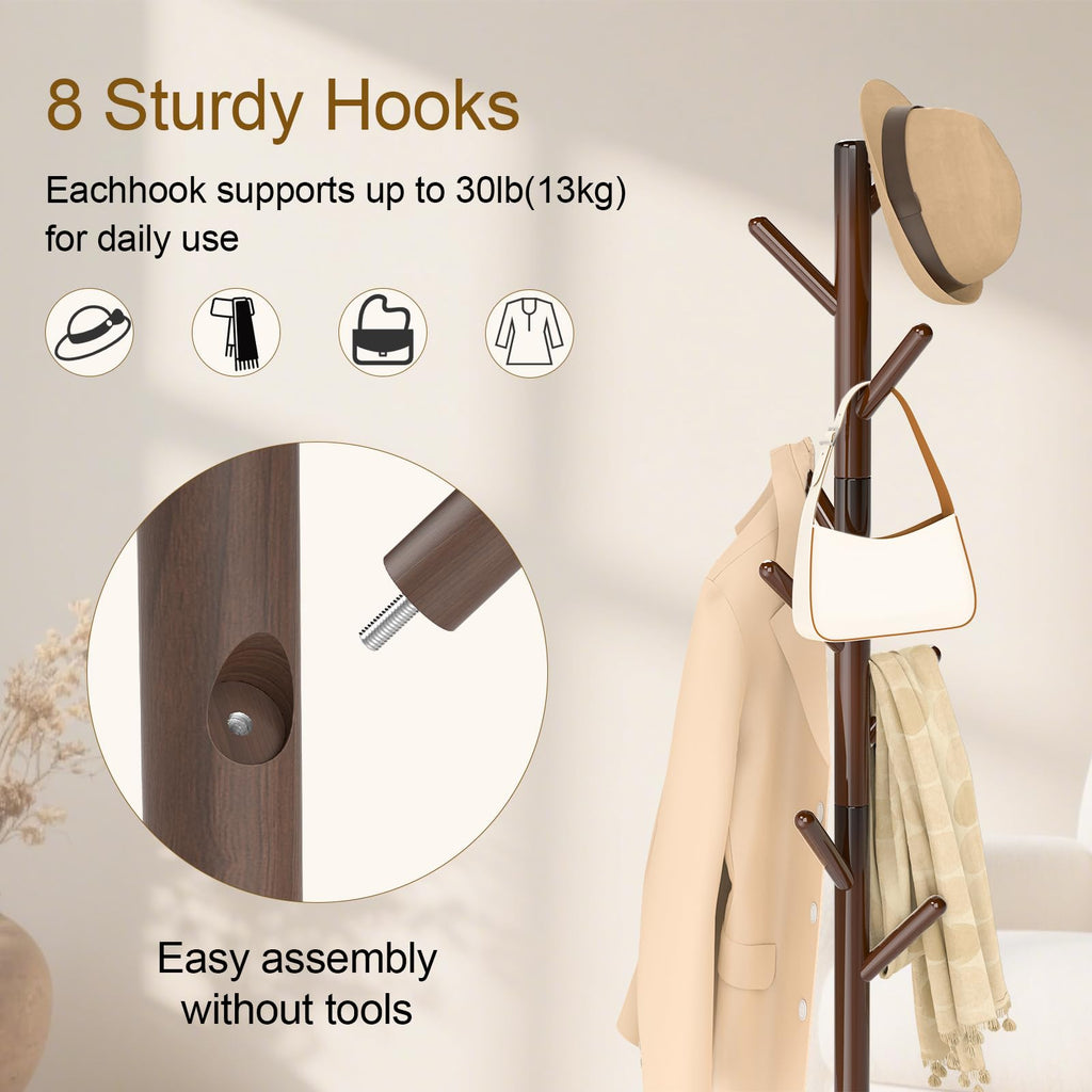YheenLf Coat Rack Freestanding with Stable Square Base for Cloathes, Hat, Used in Bedroom, Office and Entryway, Sturdy and Easy Assembly Coat Tree with 3 Adjustable Sizes and 8 Hooks, Brown