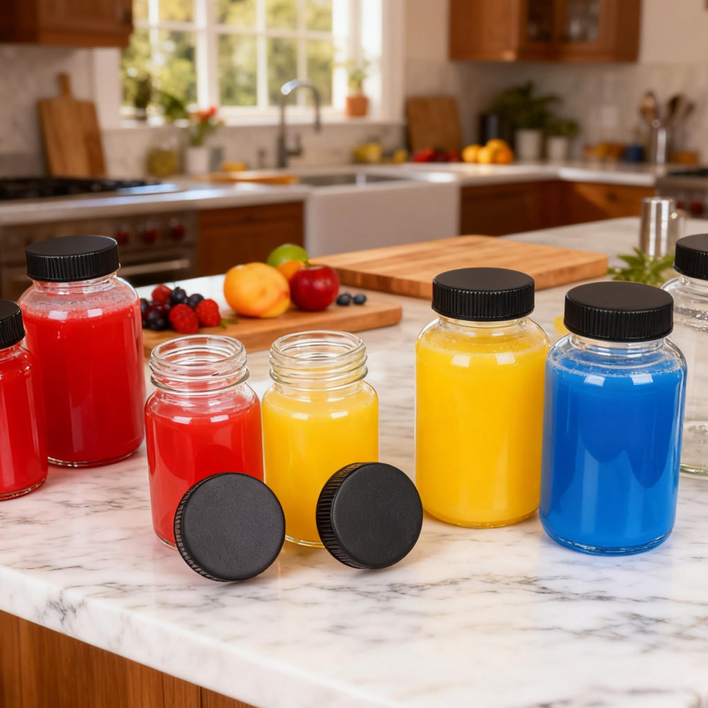 CAKKVDE 16 Pack 2 oz Glass Ginger Shots Bottles with Black Caps,Leakproof 2 oz Juice Glass Bottles with Lids for Wellness Shot,Ginger,Beverages
