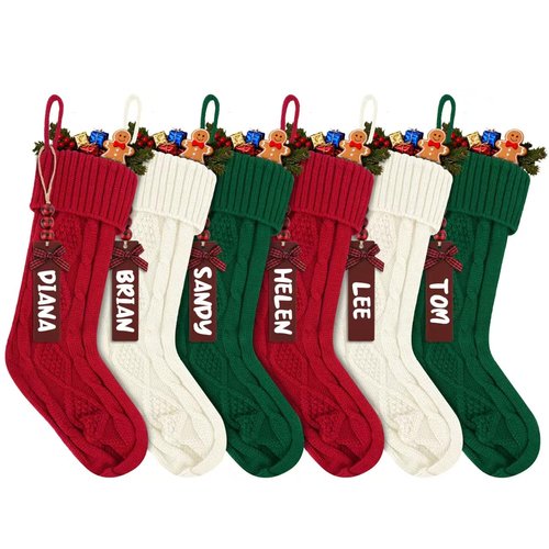 YSZquildore Personalized Christmas Stockings 18 Inch Large (6 Pack) - Knitted Xmas Stockings with DIY Wooden Name Tags for Fireplace Mantel, Family Holiday Decor (White&Red&Green)