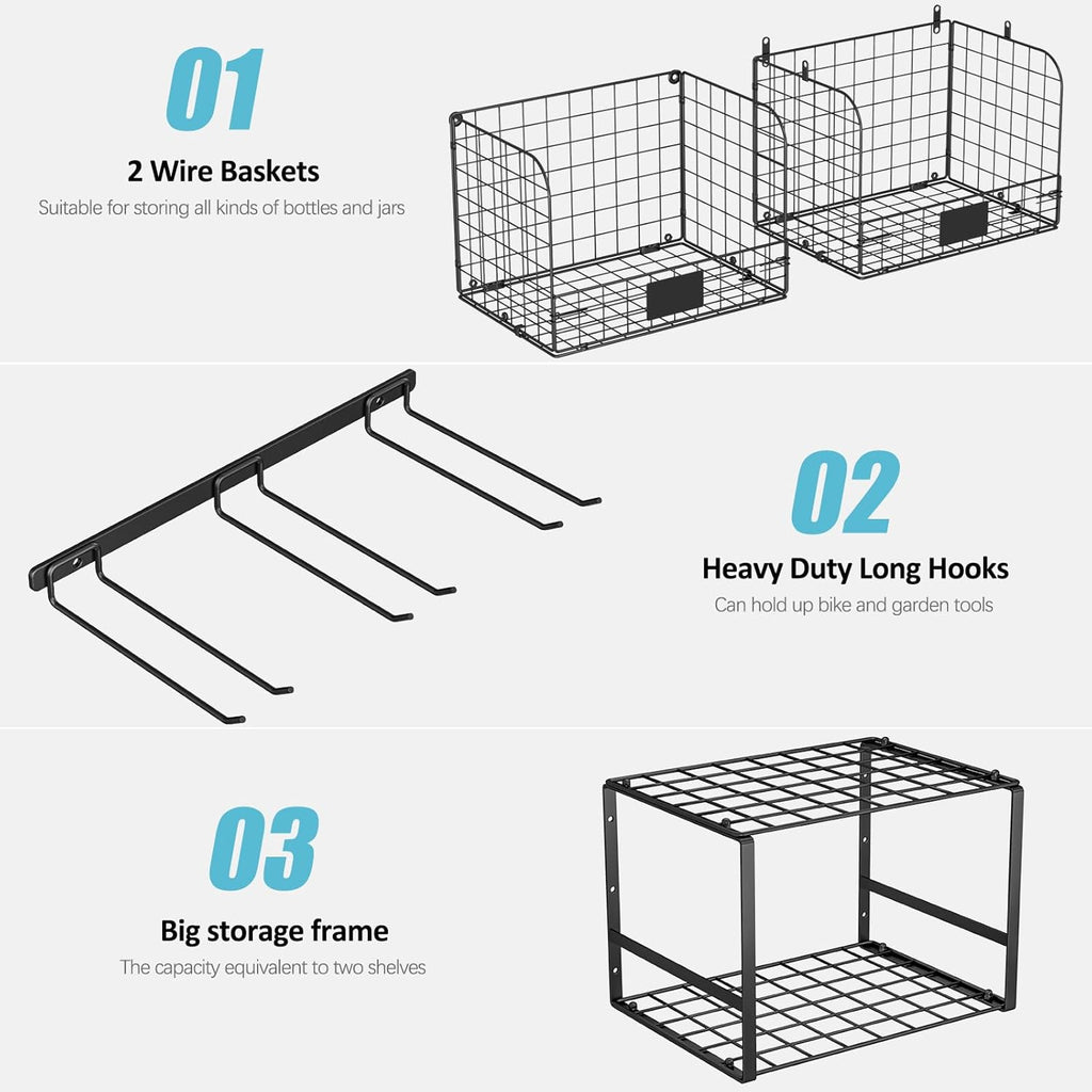 ThreeHio Garage Shelf - Heavy Duty Wall Mounted Storage with Wire Baskets & Tool Rack | Ideal for Home & Garden Organization