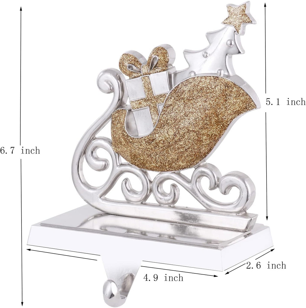 Cesdai Reindeer & Sleigh Stocking Holder Set for Mantle Set of 4,Deer Stocking Hangers for Firepiece,Christmas Decorations Mantel Hanger for Stocking/Garland (Silver with Gold)