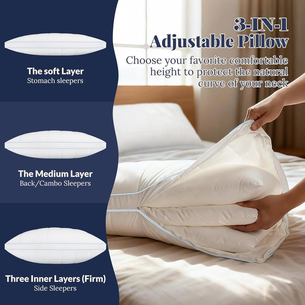 Skiennix Adjustable Bed Pillow - Queen Size Hotel Pillow with 3 Removable Inserts for All Sleepers