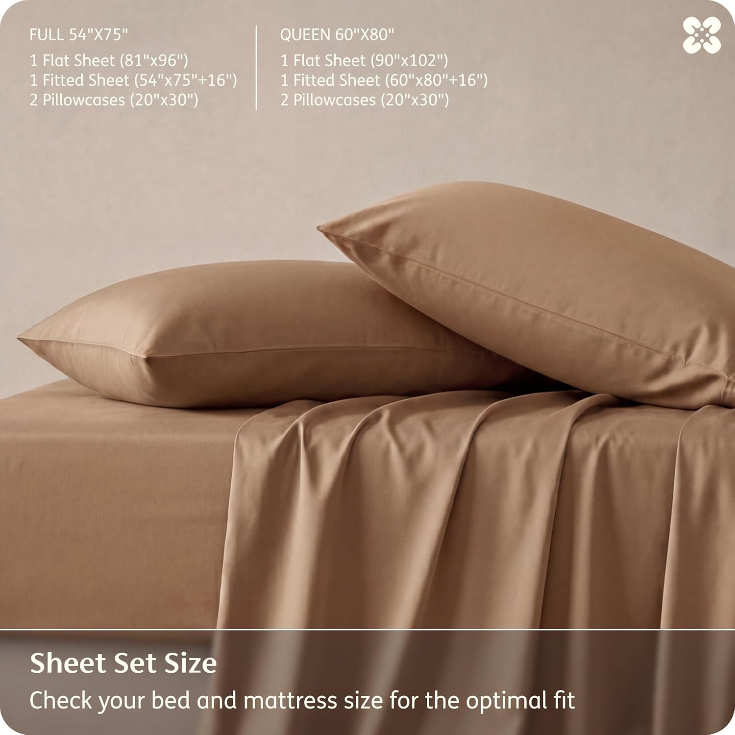 Bedsure Queen Sheet Set - Cooling Bamboo Sheets | Breathable & Soft, Deep Pocket Up to 16 Inches, Khaki